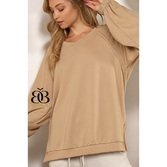 POL Mocha Criss Cross Back Slouchy French Terry Pullover - Picture 3 of 12